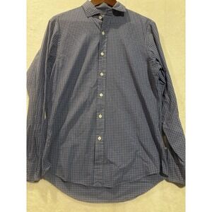 Ralph Lauren Polo Mens M Blue Check Cotton Button Up Shirt Long Sleeve 120s 2ply